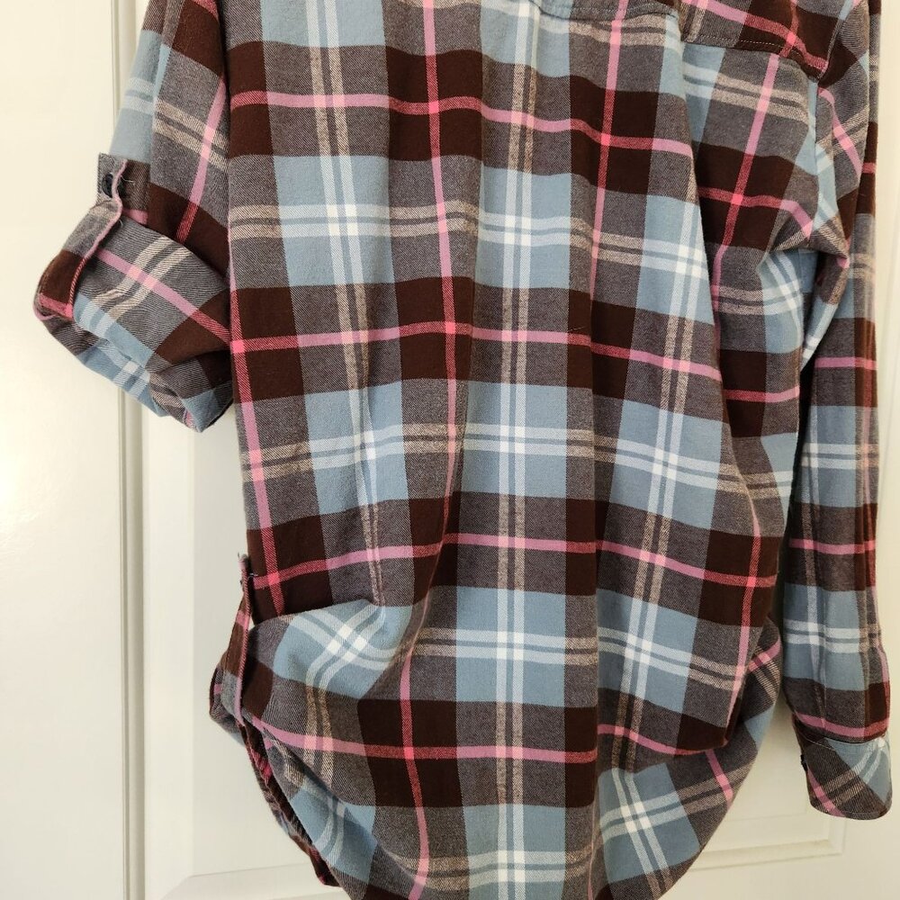 Matchstick Plaid Flannel Button-Up Shirt Blue Brown Pink Cabincore Woodsy Rustic - Picture 6 of 9